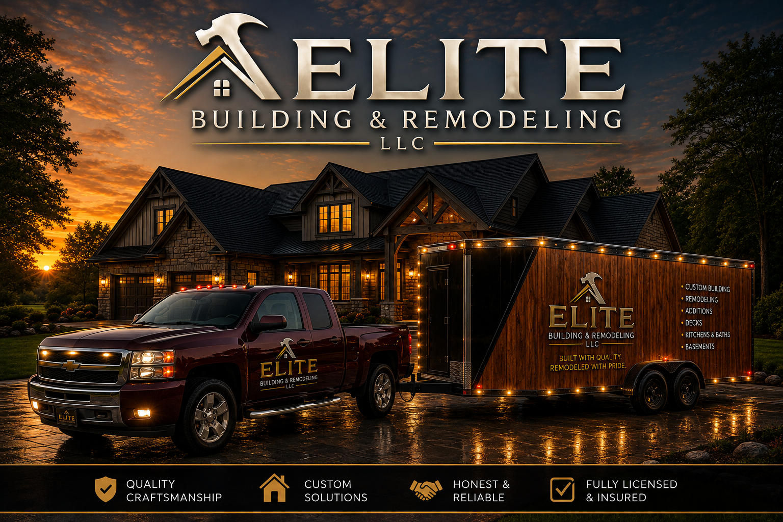 Elite Building & Remodeling LLC — hammer and roof logo above a custom home at sunset with the company truck and enclosed trailer. Quality craftsmanship, custom solutions, honest & reliable, fully licensed & insured.